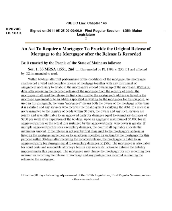 Nationwide Title Clearing Lien Release Law Update Maine LD-1012